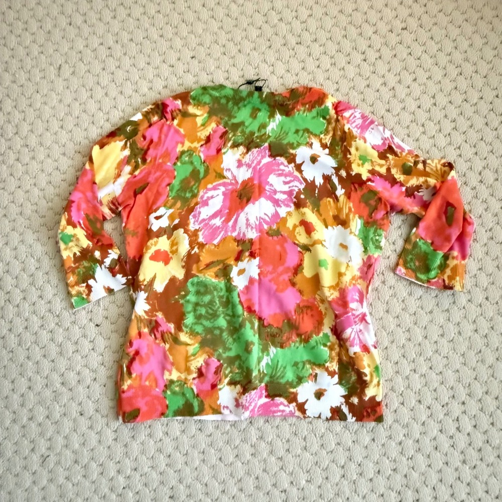Talbots Womens Cardigan 1X Floral Print Button Front 3/4 Sleeve Pima Cotton - Picture 3 of 4